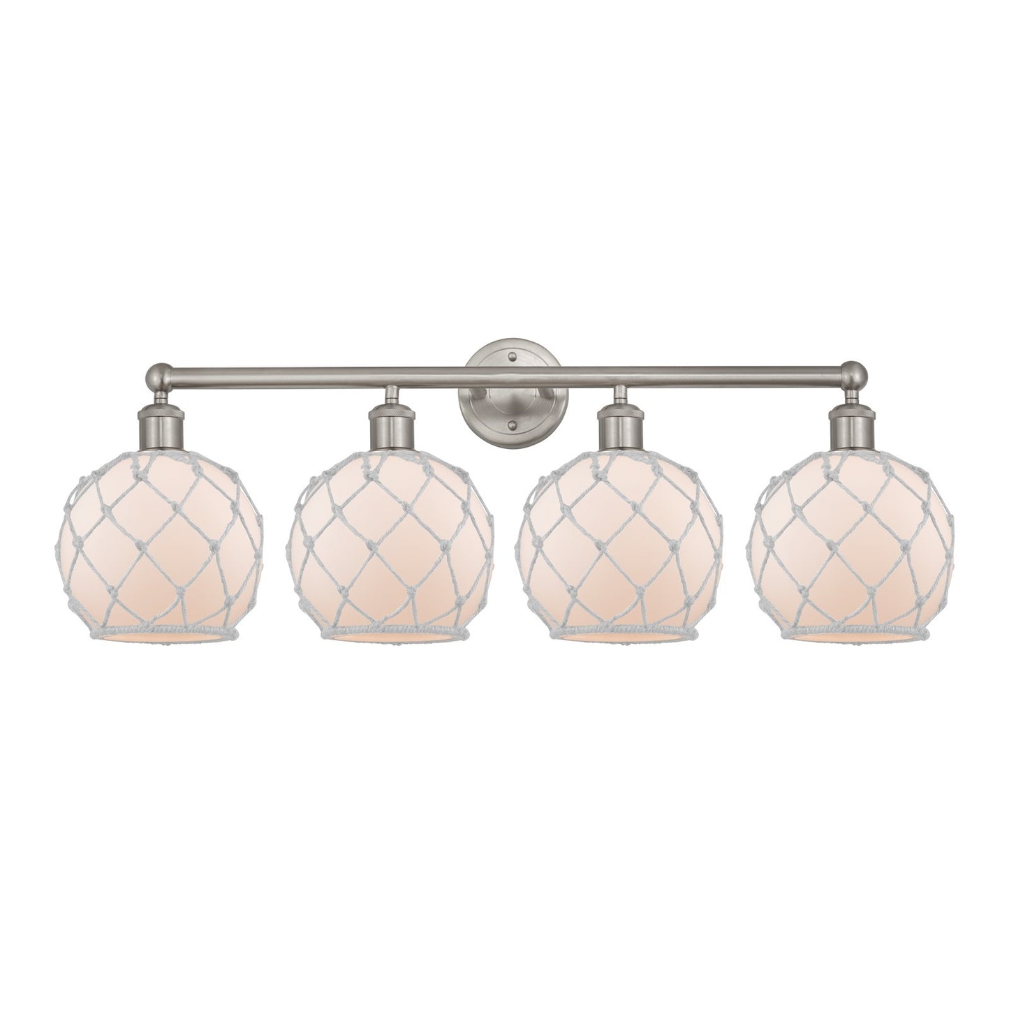 Innovations Farmhouse Rope 35in 4-Light Bath Vanity Light | Industrial Brushed Satin Nickel and White Frosted Glass Rope Shade | Model 616-4W-SN-G121-8RW