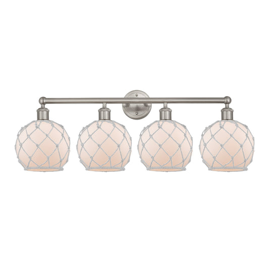 Innovations Farmhouse Rope 35in 4-Light Bath Vanity Light | Industrial Brushed Satin Nickel and White Frosted Glass Rope Shade | Model 616-4W-SN-G121-8RW