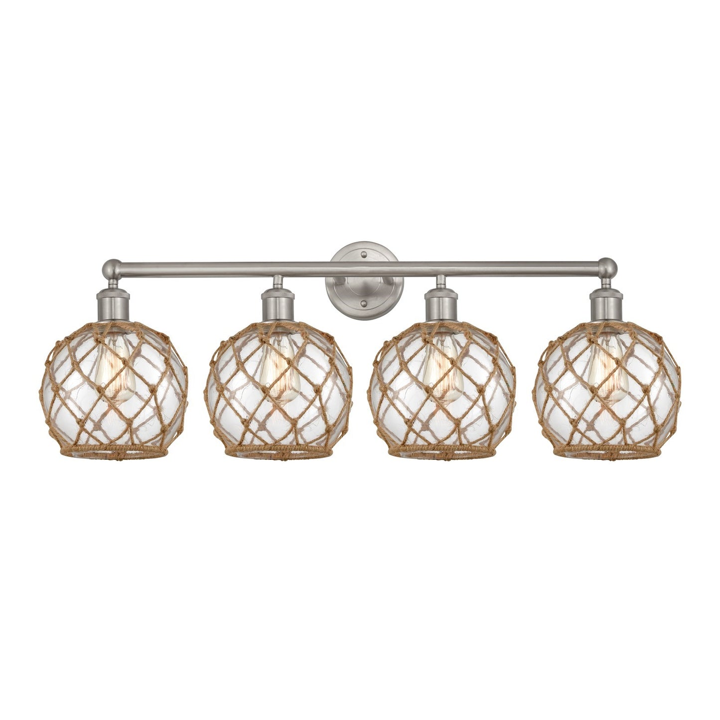 Innovations Farmhouse Rope 35in 4-Light Bath Vanity Light | Industrial Brushed Satin Nickel and Clear Glass with Brown Rope | Model 616-4W-SN-G122-8RB
