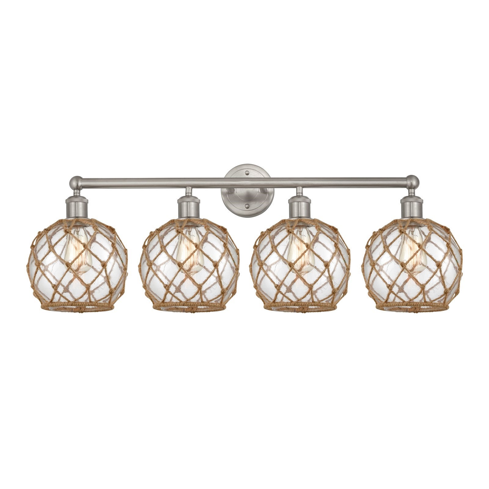 Innovations Farmhouse Rope 35in 4-Light Bath Vanity Light | Industrial Brushed Satin Nickel and Clear Glass with Brown Rope | Model 616-4W-SN-G122-8RB