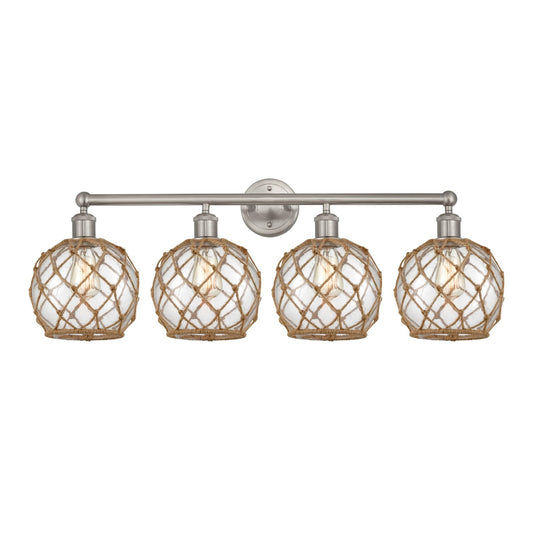 Innovations Farmhouse Rope 35in 4-Light Bath Vanity Light | Industrial Brushed Satin Nickel and Clear Glass with Brown Rope | Model 616-4W-SN-G122-8RB