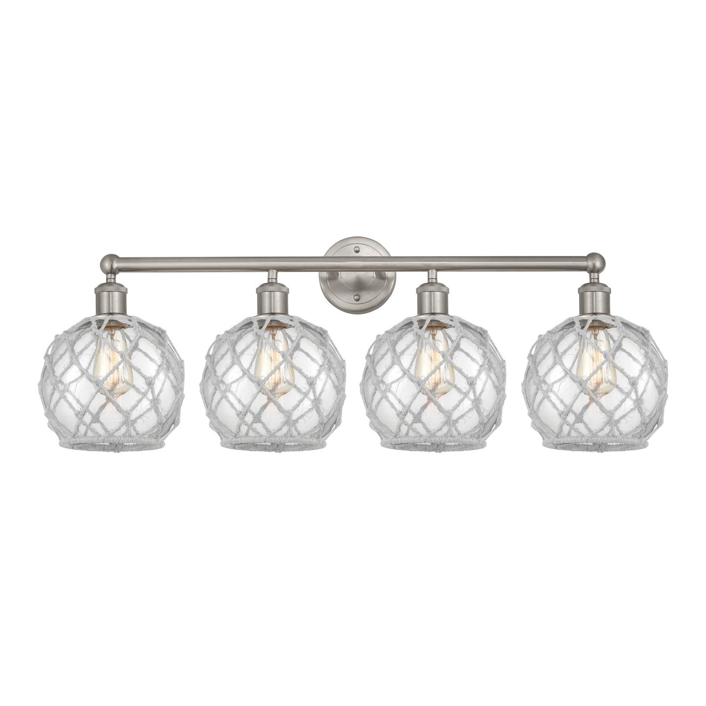 Innovations Farmhouse Rope 35in 4-Light Bath Vanity Light | Industrial Brushed Satin Nickel and Clear Glass with White Rope | Model 616-4W-SN-G122-8RW