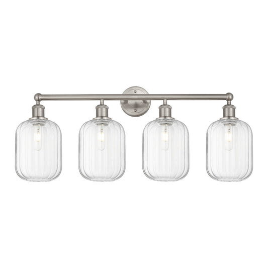 Innovations Preston Cylinder 34in 4-Light Bath Vanity Light | Industrial Brushed Satin Nickel and Clear Glass | Bathroom Vanity | Model 616-4W-SN-G460-7CL