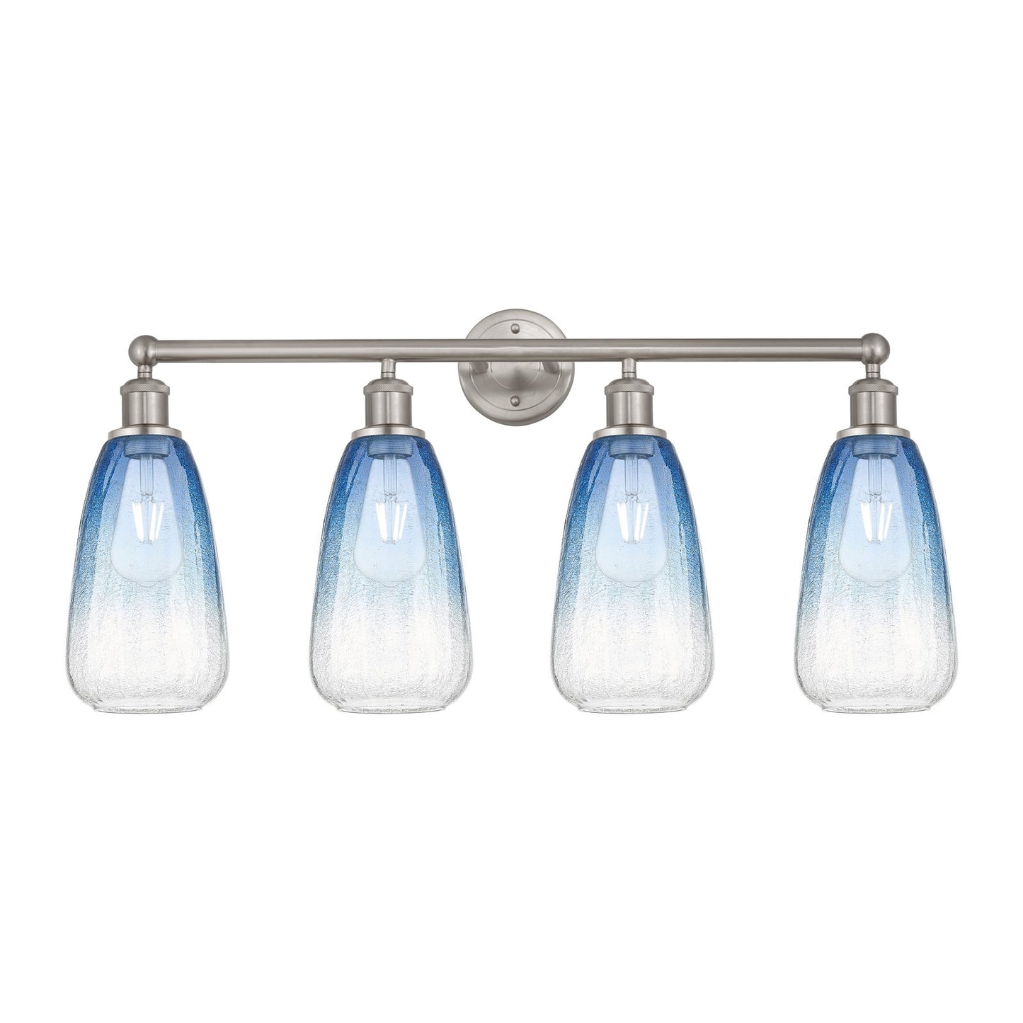 Innovations Brookhaven Almond 33in 4-Light Bath Vanity Light | Industrial Brushed Satin Nickel and Sapphire Blue Glass | Model 616-4W-SN-G480-6SB