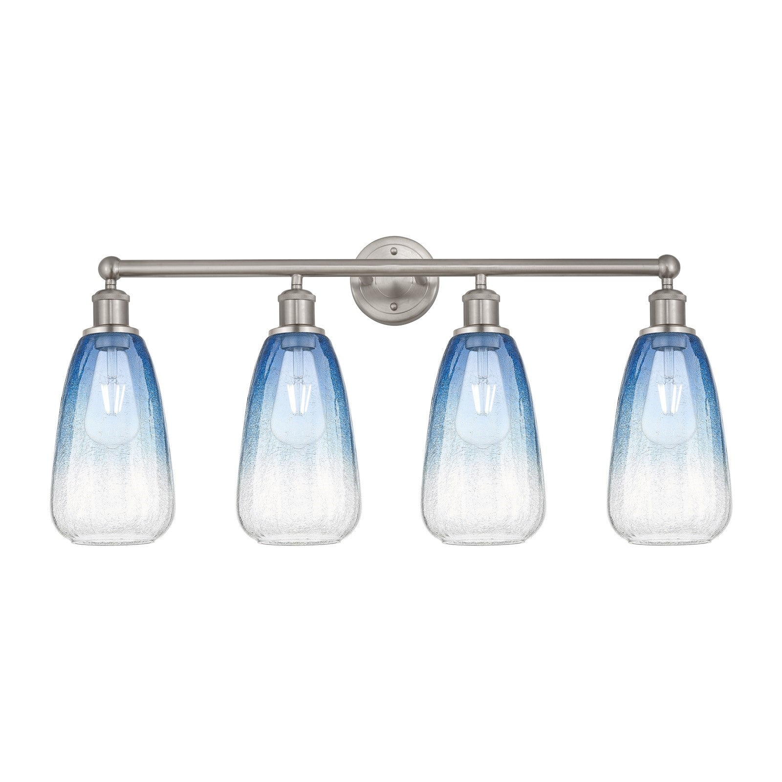Innovations Brookhaven Almond 33in 4-Light Bath Vanity Light | Industrial Brushed Satin Nickel and Sapphire Blue Glass | Model 616-4W-SN-G480-6SB