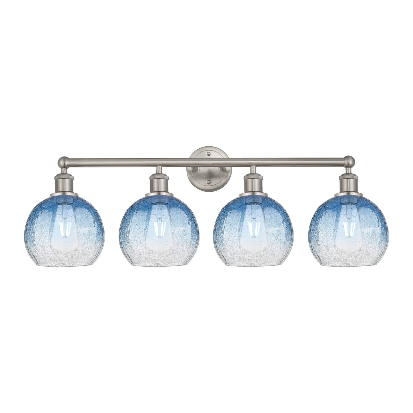 Innovations Brookhaven Globe 35in 4-Light Bath Vanity Light | Industrial Brushed Satin Nickel and Sapphire Blue Glass | Model 616-4W-SN-G483-8SB