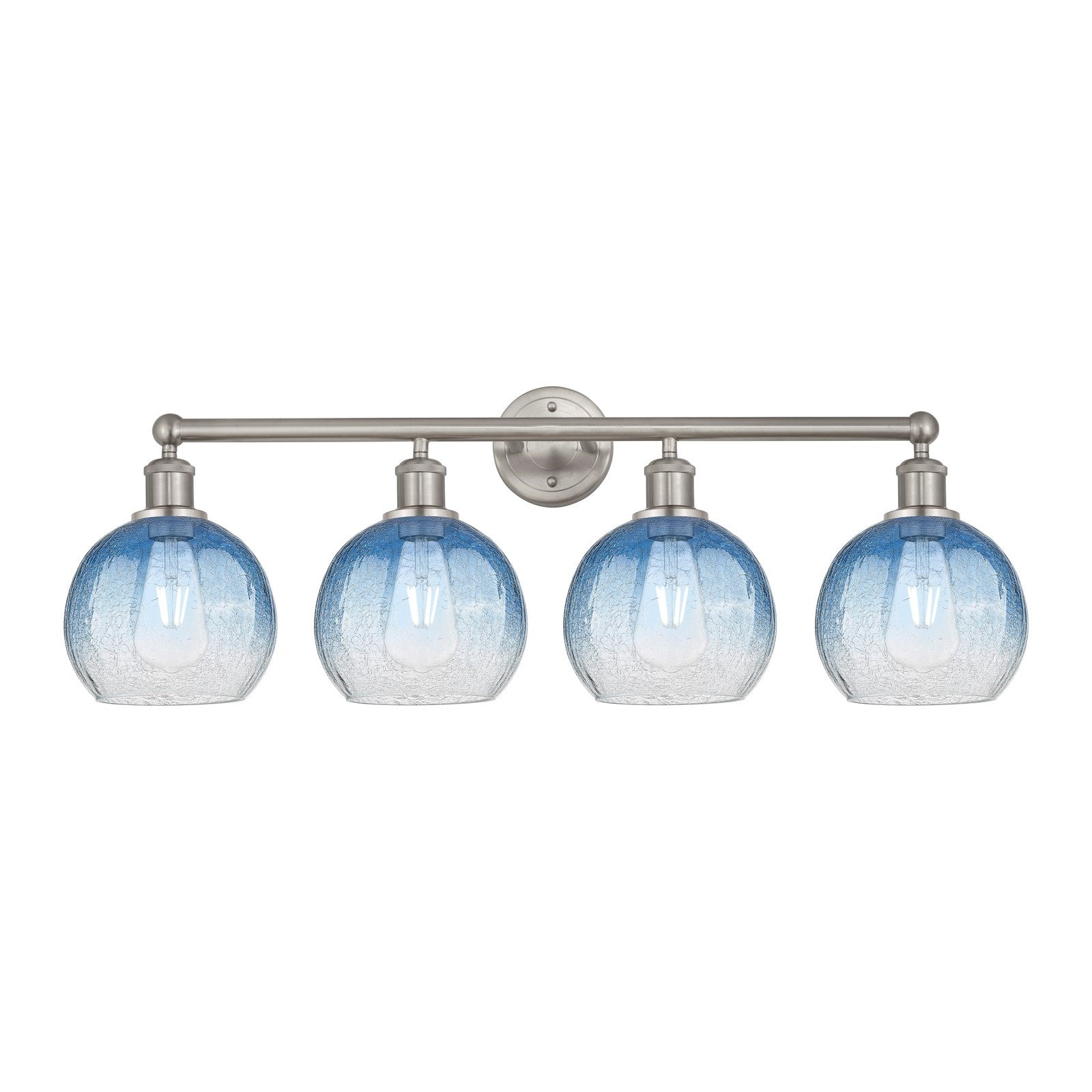 Innovations Brookhaven Globe 35in 4-Light Bath Vanity Light | Industrial Brushed Satin Nickel and Sapphire Blue Glass | Model 616-4W-SN-G483-8SB