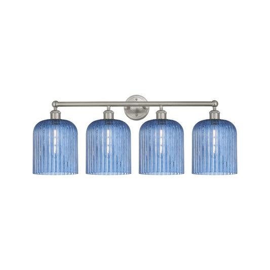 Innovations Bridal Veil 32in 4-Light Bath Vanity Light | Art Nouveau Brushed Satin Nickel and Princess Blue Ribbed Glass | Model 616-4W-SN-G559-8BL