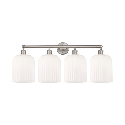 Innovations Bridal Veil 32in 4-Light Bath Vanity Light | Art Nouveau Brushed Satin Nickel and Gloss White Ribbed Glass | Model 616-4W-SN-G559-8GWH