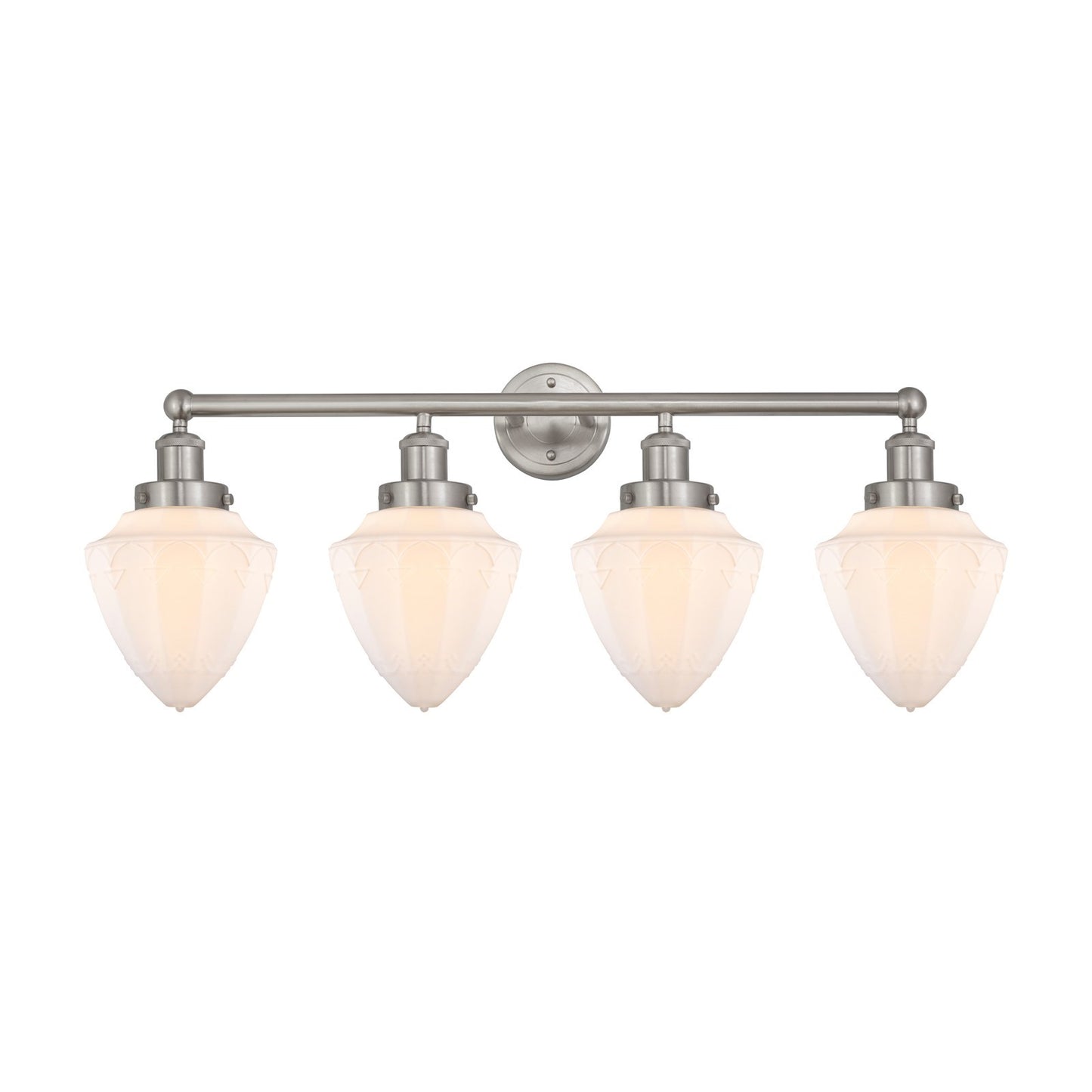 Innovations Bullet 34in 4-Light Bath Vanity | Industrial Brushed Satin Nickel and Matte White Frosted Glass | Bathroom Vanity | Model 616-4W-SN-G661-7