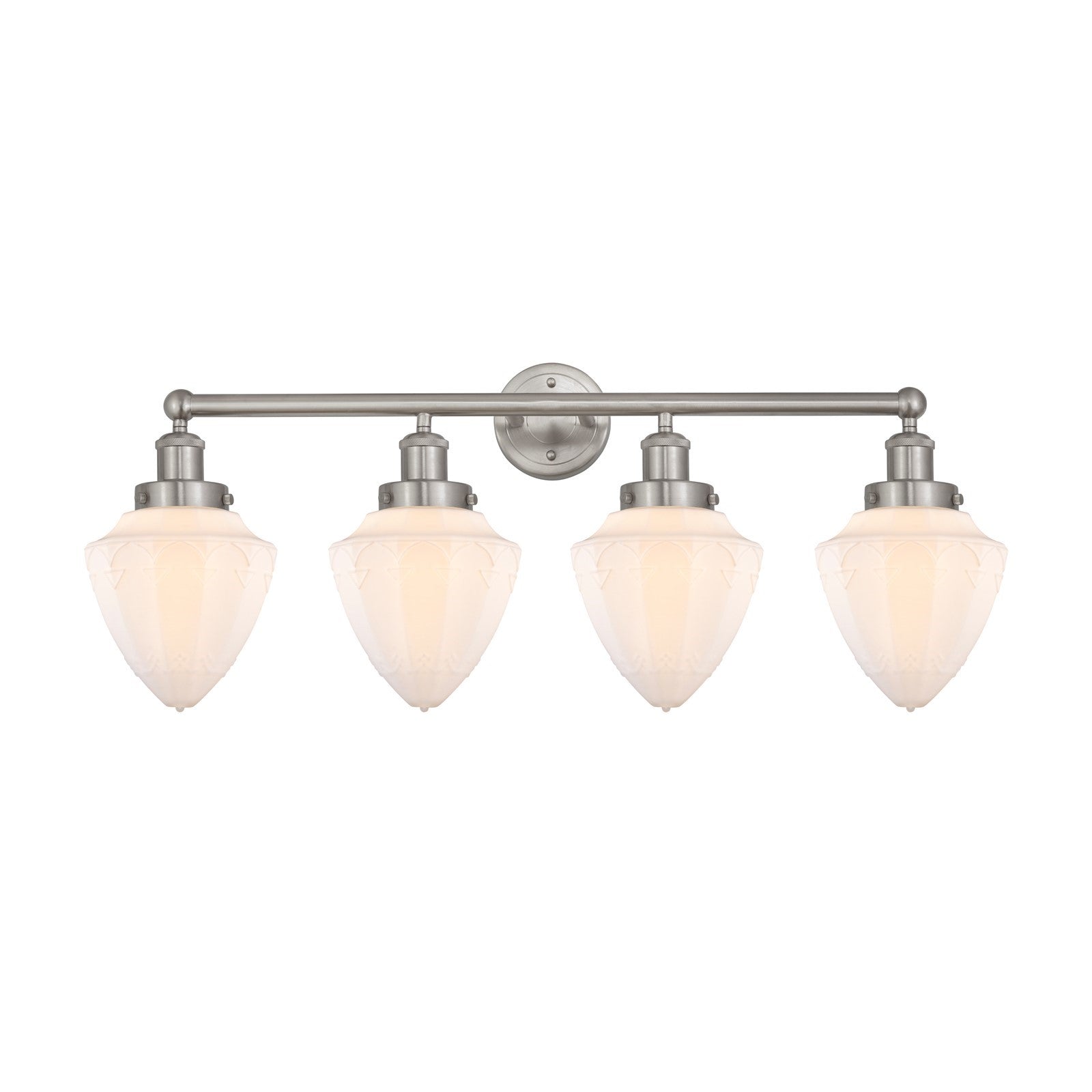 Innovations Bullet 34in 4-Light Bath Vanity | Industrial Brushed Satin Nickel and Matte White Frosted Glass | Bathroom Vanity | Model 616-4W-SN-G661-7