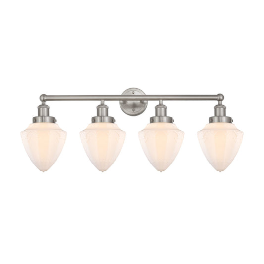 Innovations Bullet 34in 4-Light Bath Vanity | Industrial Brushed Satin Nickel and Matte White Frosted Glass | Bathroom Vanity | Model 616-4W-SN-G661-7
