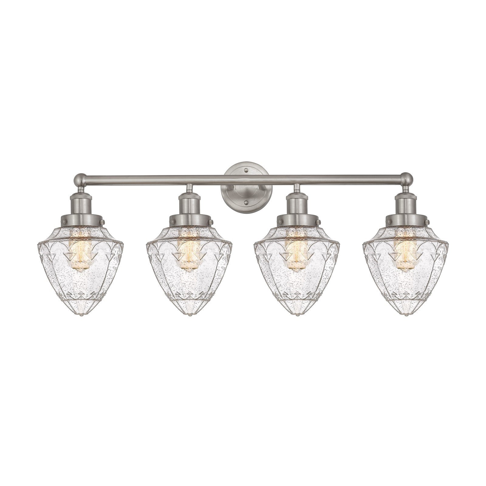 Innovations Lighting Bullet 34in 4-Light Bath Vanity | Industrial Brushed Satin Nickel Steel and Seedy Glass | Bathroom Vanity | Model 616-4W-SN-G664-7