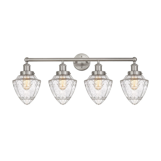 Innovations Lighting Bullet 34in 4-Light Bath Vanity | Industrial Brushed Satin Nickel Steel and Seedy Glass | Bathroom Vanity | Model 616-4W-SN-G664-7