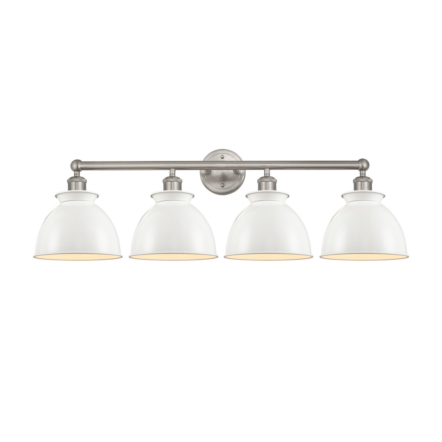 Innovations Adirondack 35in 4-Light Bath Vanity | Industrial Farmhouse Brushed Satin Nickel and Glossy White Metal Shade | Model 616-4W-SN-M14-W