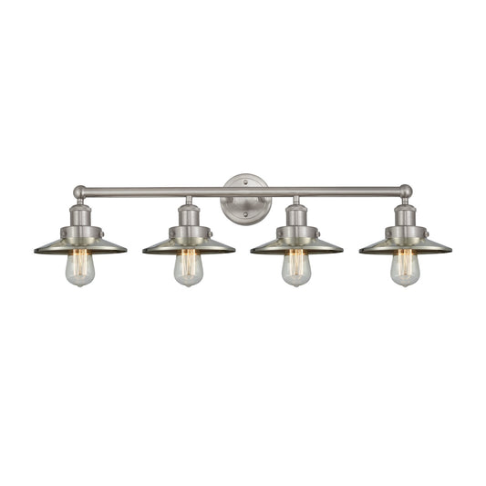 Innovations Railroad 35in 4-Light Bath Vanity Light | Traditional Industrial Brushed Satin Nickel Steel and Metal Shade | Bathroom | Model 616-4W-SN-M2-SN