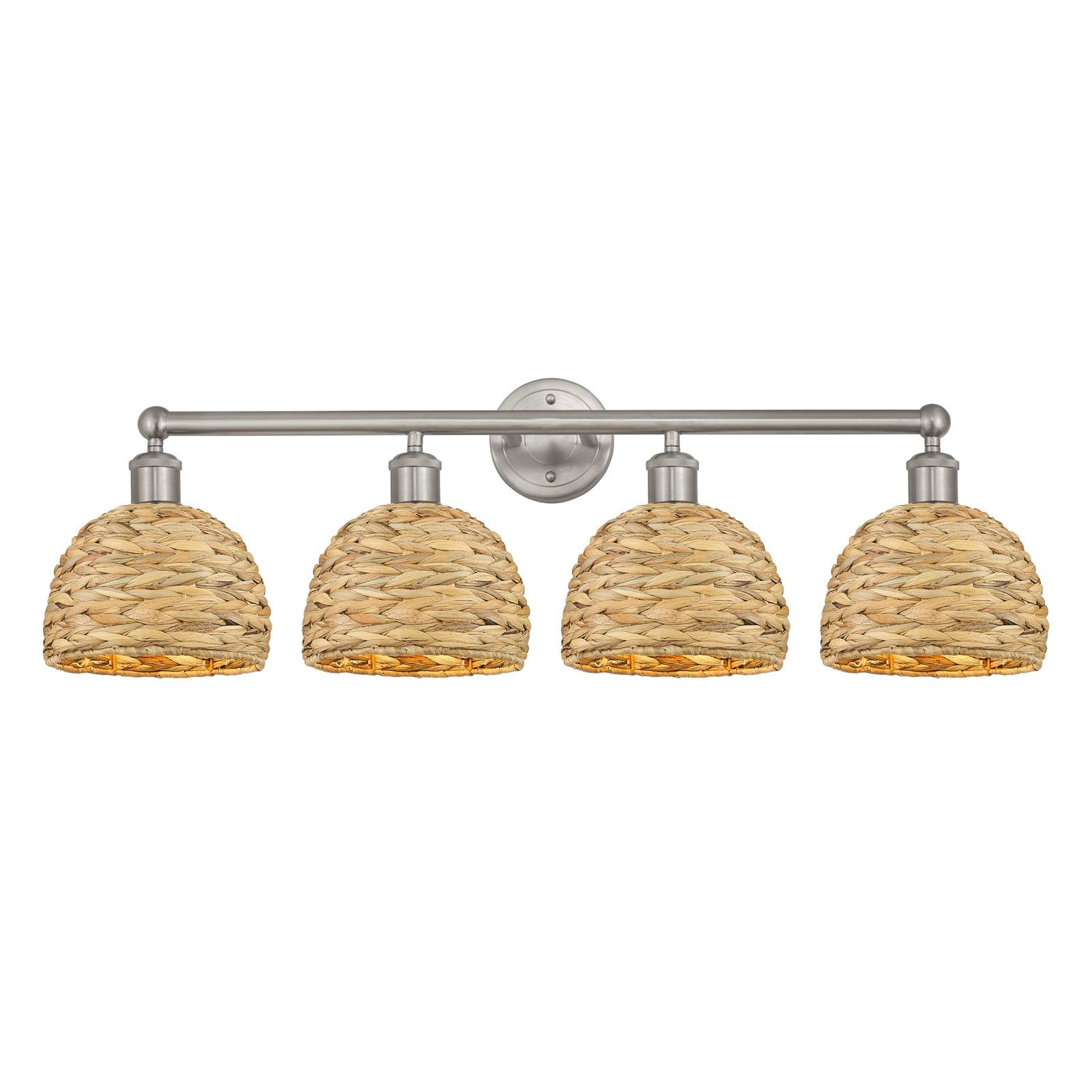 Innovations Woven Rattan 35in 4-Light Bath Vanity Light | Industrial Brushed Satin Nickel and Natural Fiber Dome Shade | Model 616-4W-SN-RBD-8-NAT