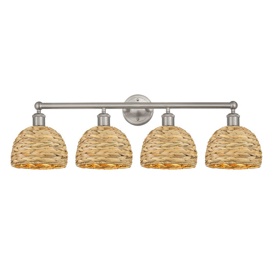 Innovations Woven Rattan 35in 4-Light Bath Vanity Light | Industrial Brushed Satin Nickel and Natural Fiber Dome Shade | Model 616-4W-SN-RBD-8-NAT