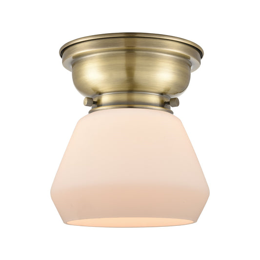 Innovations Fulton 7in 1-Light Flush Mount | Industrial Antique Brass and Matte White Frosted Glass | Hallway & Bathroom | 7 x 7.75 | Model 623-1F-AB-G171