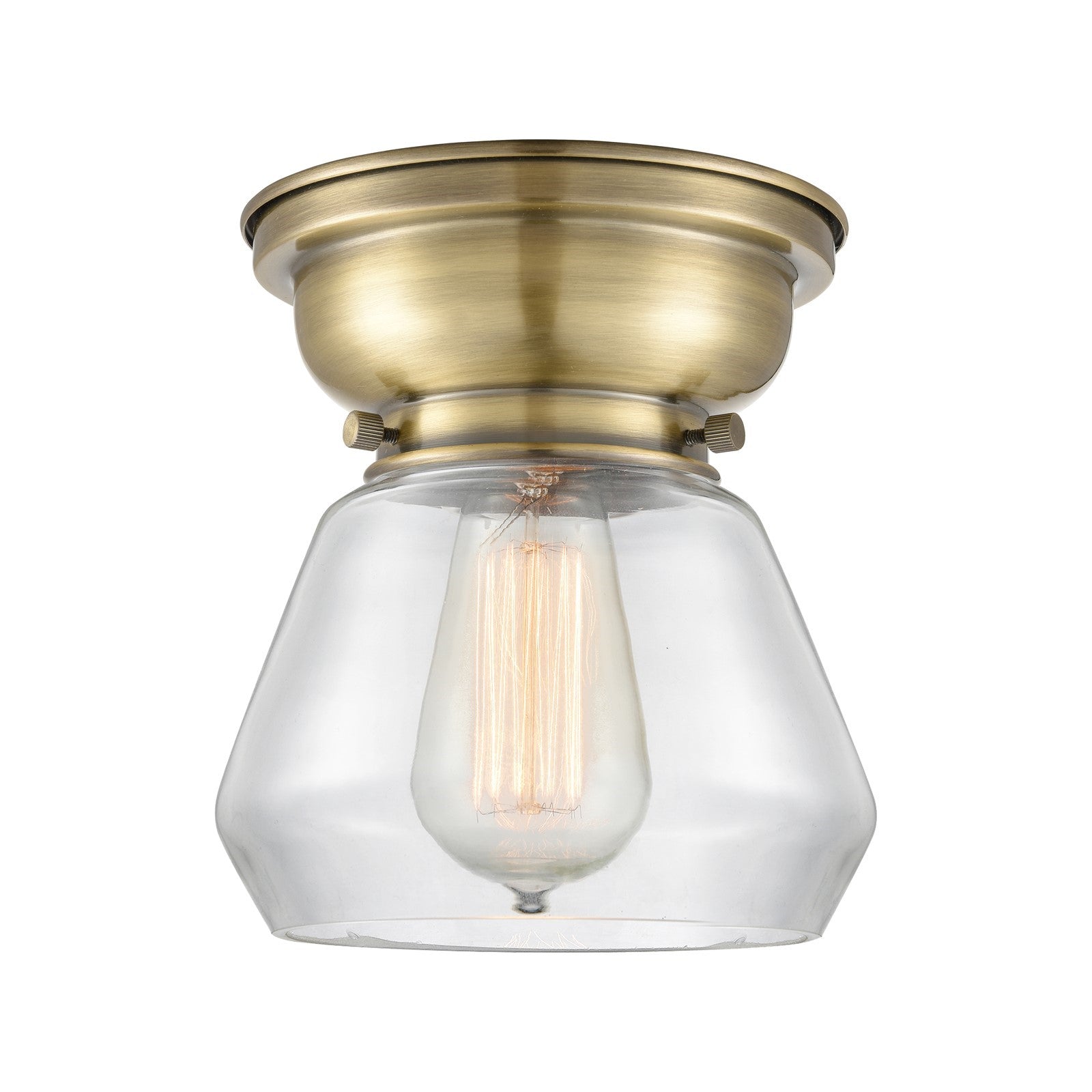 Innovations Fulton 7in 1-Light Flush Mount | Industrial Antique Brass Steel and Clear Glass | Damp-Rated Hallway & Bathroom | 7 x | Model 623-1F-AB-G172