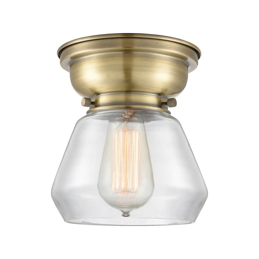 Innovations Fulton 7in 1-Light Flush Mount | Industrial Antique Brass Steel and Clear Glass | Damp-Rated Hallway & Bathroom | 7 x | Model 623-1F-AB-G172