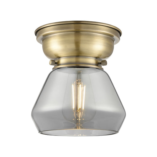 Innovations Fulton 7in 1-Light Flush Mount | Industrial Antique Brass and Light Smoke Glass | Hallway & Entryway | 600 Lumens | Model 623-1F-AB-G173-LED