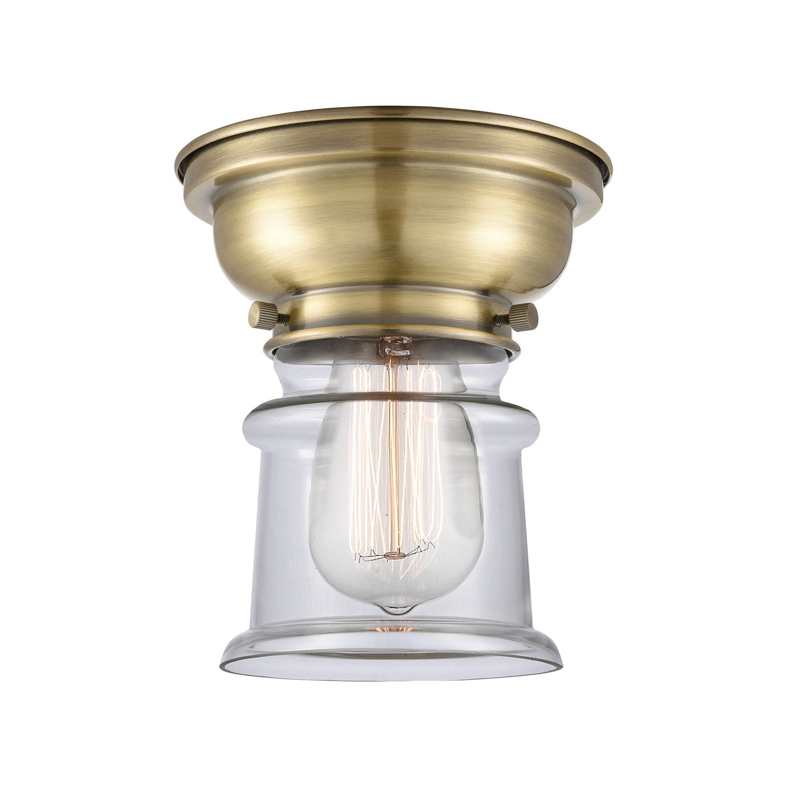 Innovations Canton 6in 1-Light Flush Mount | Industrial Farmhouse Antique Brass Steel and Clear Glass | Bedroom & Hallway | Model 623-1F-AB-G182S-LED