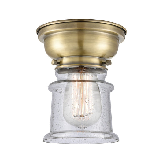 Innovations Canton 6in 1-Light Flush Mount | Industrial Antique Brass Steel and Seedy Glass | Hallway & Entryway | 5.25 x 5.25 | Model 623-1F-AB-G184S-LED