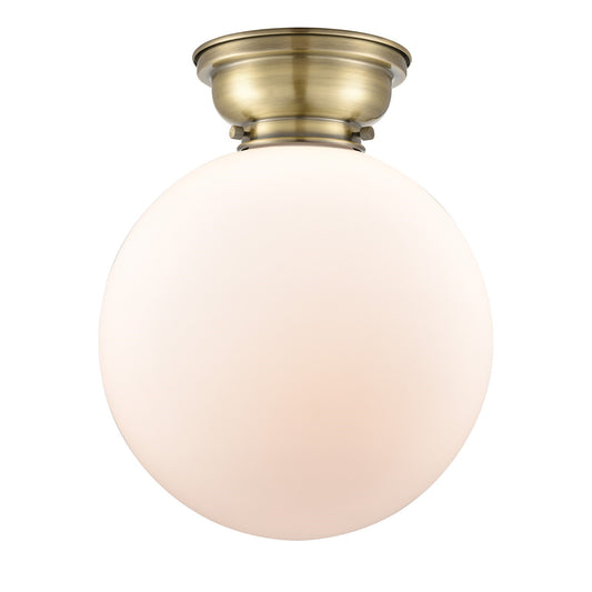 Innovations Beacon 12in 1-Light Flush Mount | Industrial Antique Brass Steel and Matte White Frosted Glass | Damp-Rated | Model 623-1F-AB-G201-12-LED