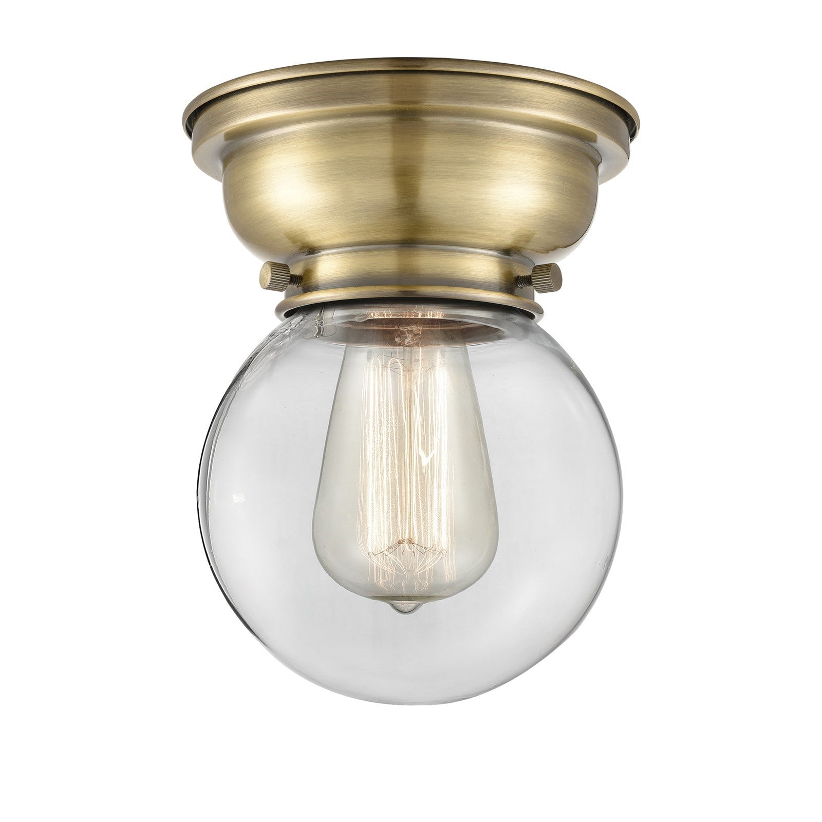 Innovations Beacon 6in 1-Light Flush Mount | Industrial Antique Brass and Clear Glass | Hallway & Bedroom | 600 Lumens | Model 623-1F-AB-G202-6-LED