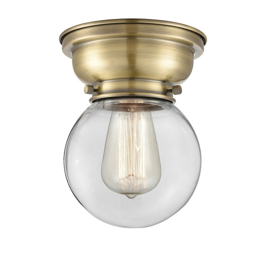 Innovations Beacon 6in 1-Light Flush Mount | Industrial Antique Brass and Clear Glass | Hallway & Bedroom | 600 Lumens | Model 623-1F-AB-G202-6-LED