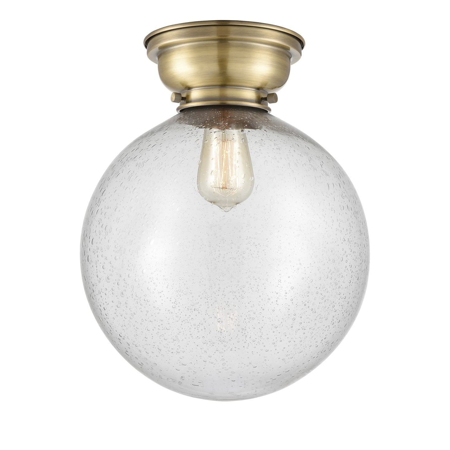 Innovations Beacon 12in 1-Light Flush Mount | Industrial Antique Brass Steel and Seedy Glass | Hallway & Bedroom | 12 x 12 x | Model 623-1F-AB-G204-12-LED