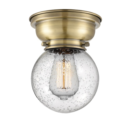 Innovations Beacon 6in 1-Light Flush Mount | Industrial Antique Brass Steel and Seedy Glass | Hallway & Bathroom Ceiling | Model 623-1F-AB-G204-6-LED