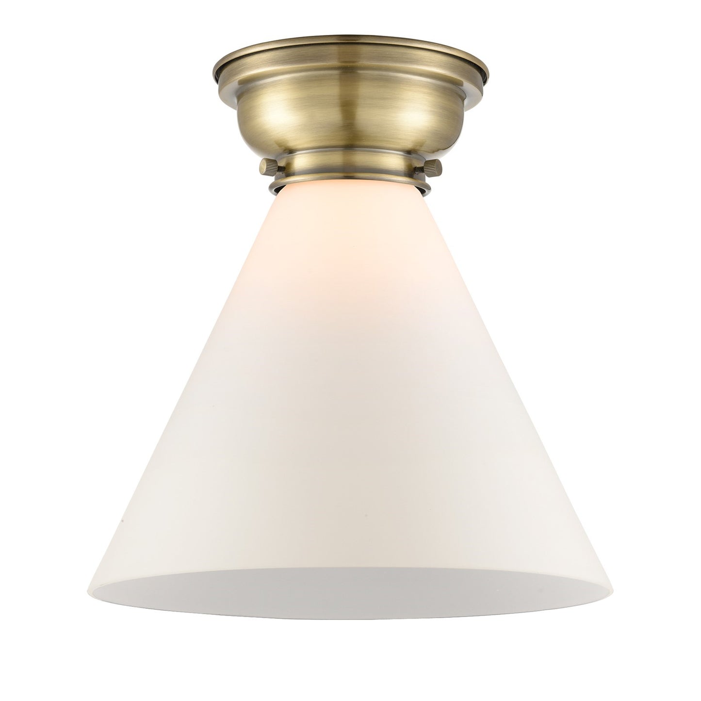 Innovations Cone 12in 1-Light Flush Mount | Industrial Antique Brass Steel and Matte White Frosted Glass | Entryway & Hallway | Model 623-1F-AB-G41-L-LED