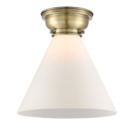 Innovations Cone 12in 1-Light Flush Mount | Industrial Antique Brass Steel and Matte White Frosted Glass | Entryway & Hallway | Model 623-1F-AB-G41-L-LED