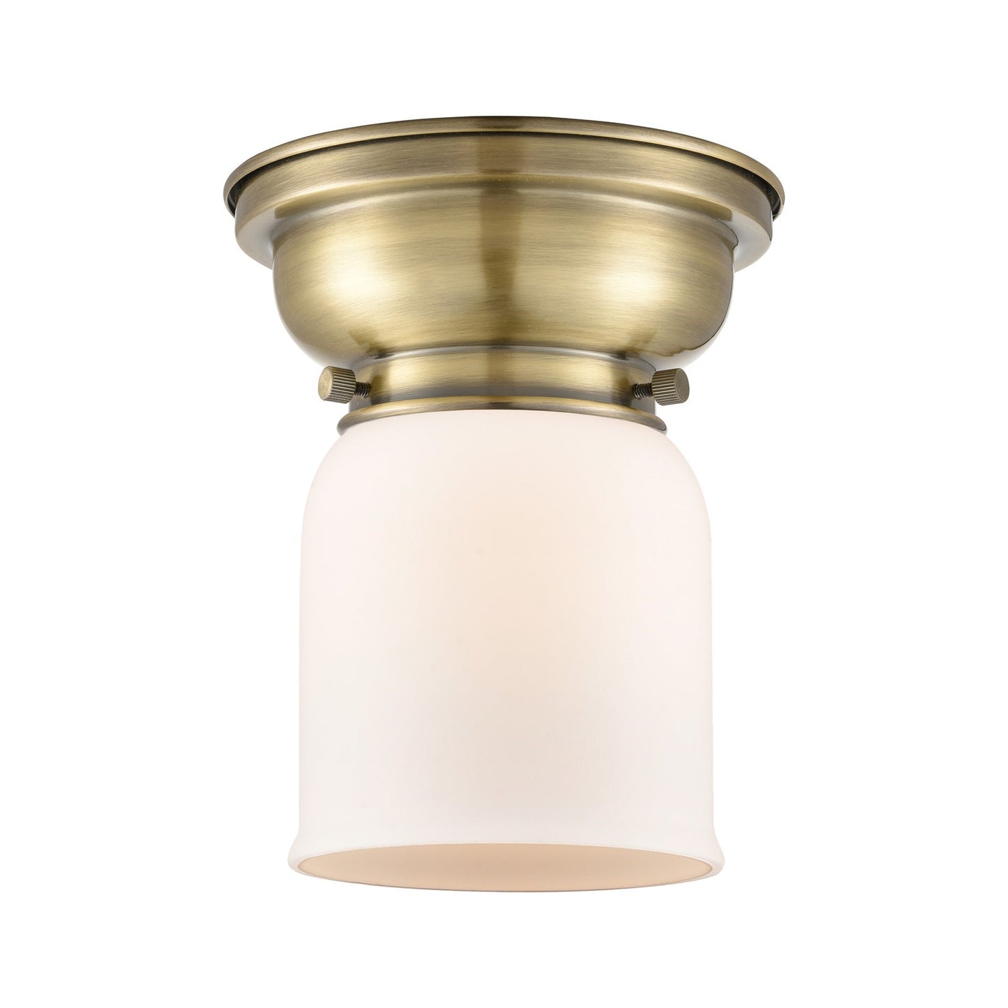 Innovations Bell 5in 1-Light Flush Mount | Industrial Antique Brass and Matte White Frosted Glass | Damp-Rated Hallway & Bathroom | Model 623-1F-AB-G51
