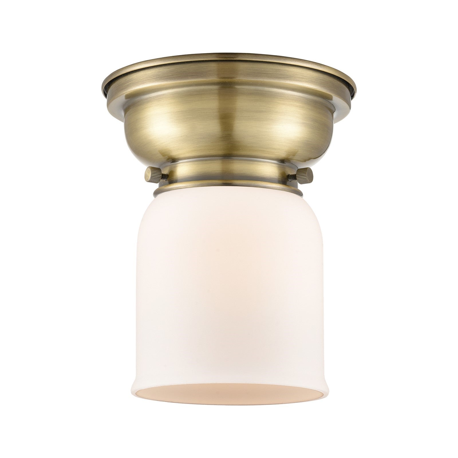Innovations Bell 5in 1-Light Flush Mount | Industrial Antique Brass and Matte White Frosted Glass | Damp-Rated Hallway & Bathroom | Model 623-1F-AB-G51