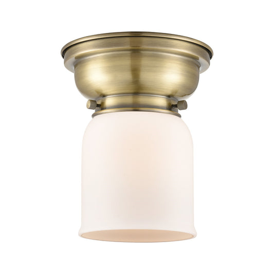 Innovations Bell 5in 1-Light Flush Mount | Industrial Antique Brass and Matte White Frosted Glass | Damp-Rated Hallway & Bathroom | Model 623-1F-AB-G51
