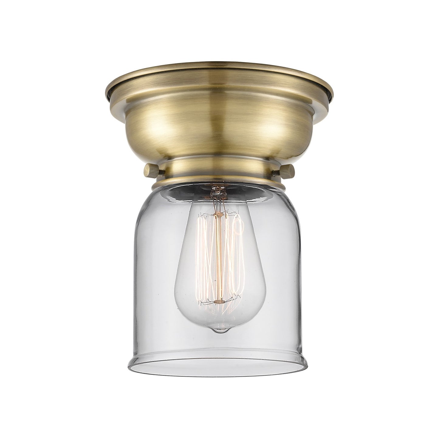 Innovations Bell 5in 1-Light Flush Mount | Industrial Antique Brass Steel and Clear Glass | Hallway & Bedroom | 5 x 5 x 8 in | Model 623-1F-AB-G52