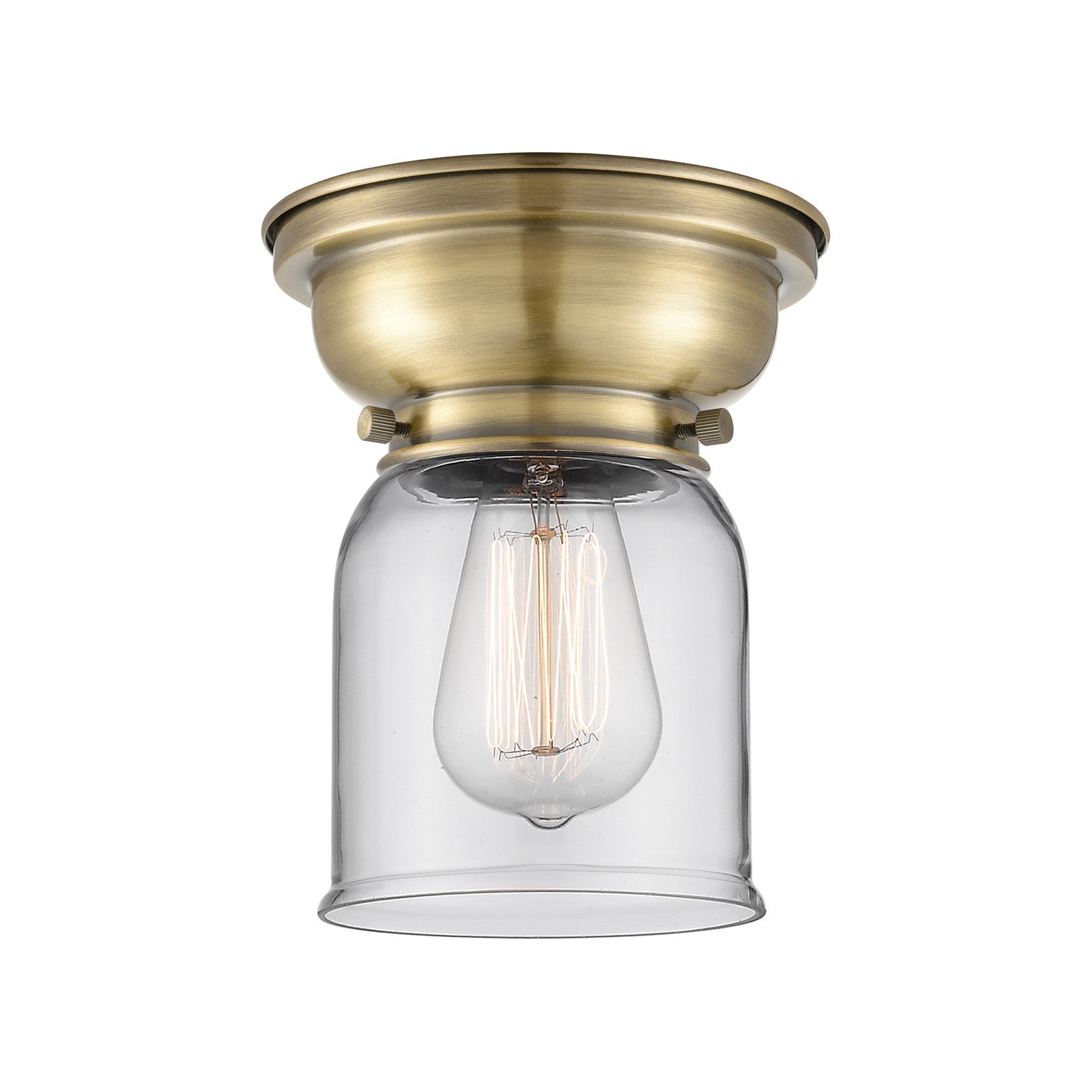 Innovations Bell 5in 1-Light Flush Mount | Industrial Antique Brass Steel and Clear Glass | Hallway & Bedroom | 5 x 5 x 8 in | Model 623-1F-AB-G52
