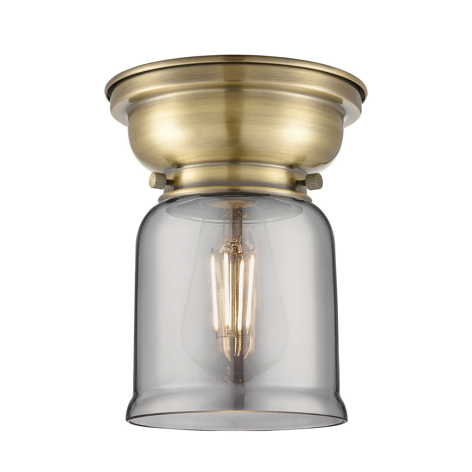 Innovations Bell 5in 1-Light Flush Mount | Industrial Antique Brass Steel and Light Smoke Glass | Damp-Rated Hallway & Bathroom | 5 | Model 623-1F-AB-G53