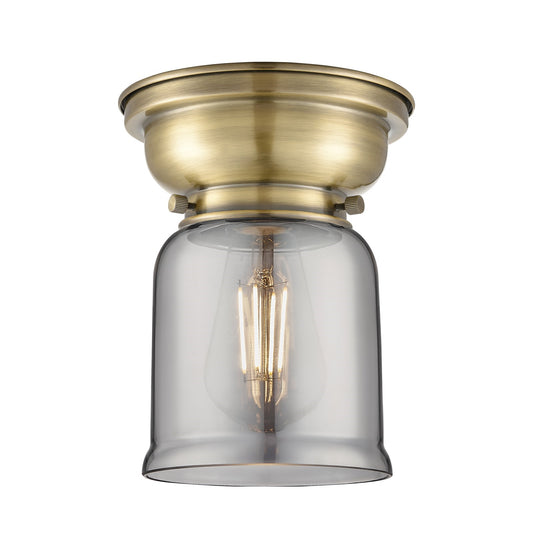Innovations Bell 5in 1-Light Flush Mount | Industrial Antique Brass Steel and Light Smoke Glass | Damp-Rated Hallway & Bathroom | 5 | Model 623-1F-AB-G53