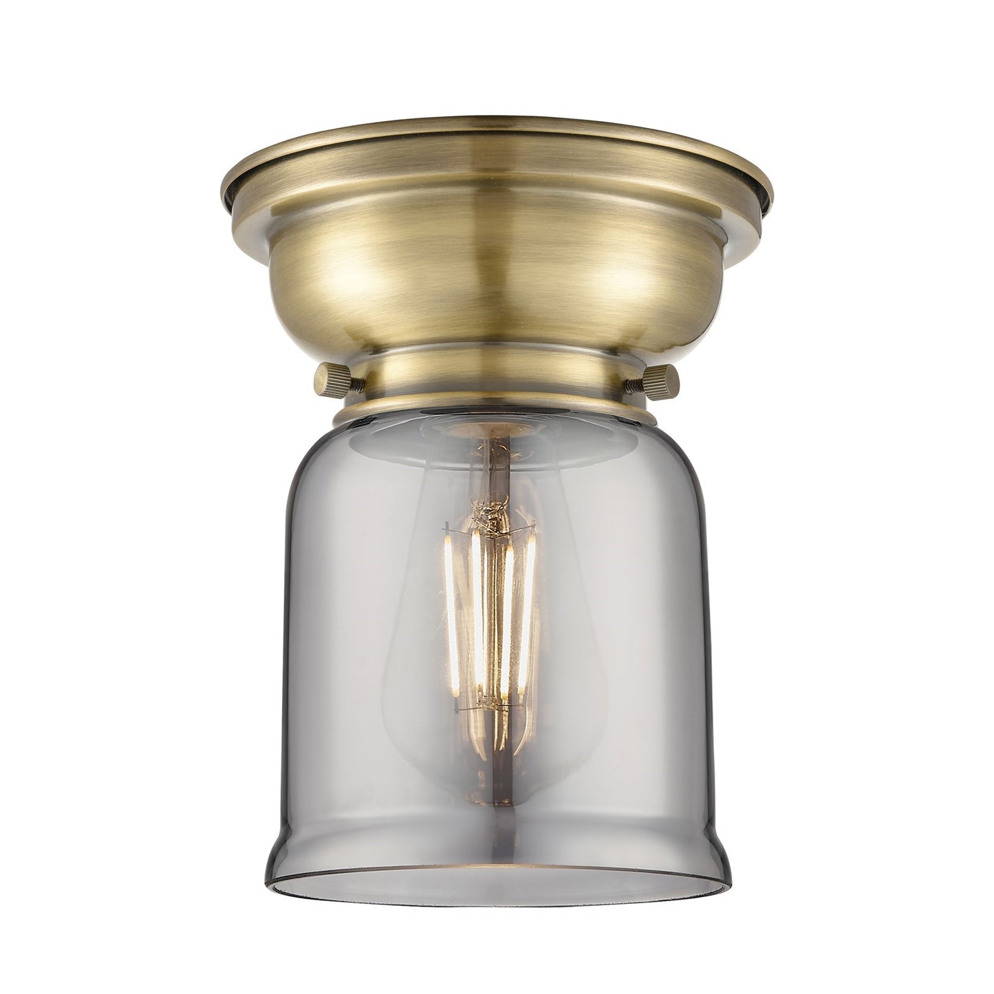 Innovations Bell 5in 1-Light Flush Mount | Industrial Antique Brass and Light Smoke Glass | Hallway & Bathroom | 600 Lumens | Model 623-1F-AB-G53-LED