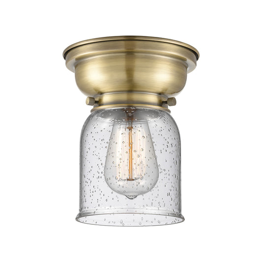 Innovations Bell 5in 1-Light Flush Mount | Industrial Antique Brass Steel and Seedy Glass | Hallway & Bathroom | 5 x 5 x 8 in | Model 623-1F-AB-G54