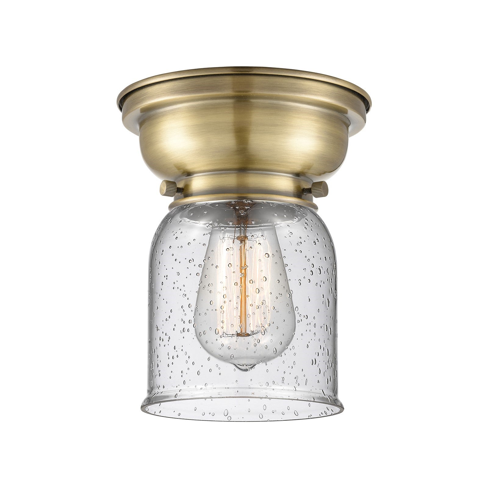 Innovations Bell 5in 1-Light Flush Mount | Industrial Antique Brass Steel and Seedy Glass | Entryway & Hallway | 5 x 8 in | Model 623-1F-AB-G54-LED