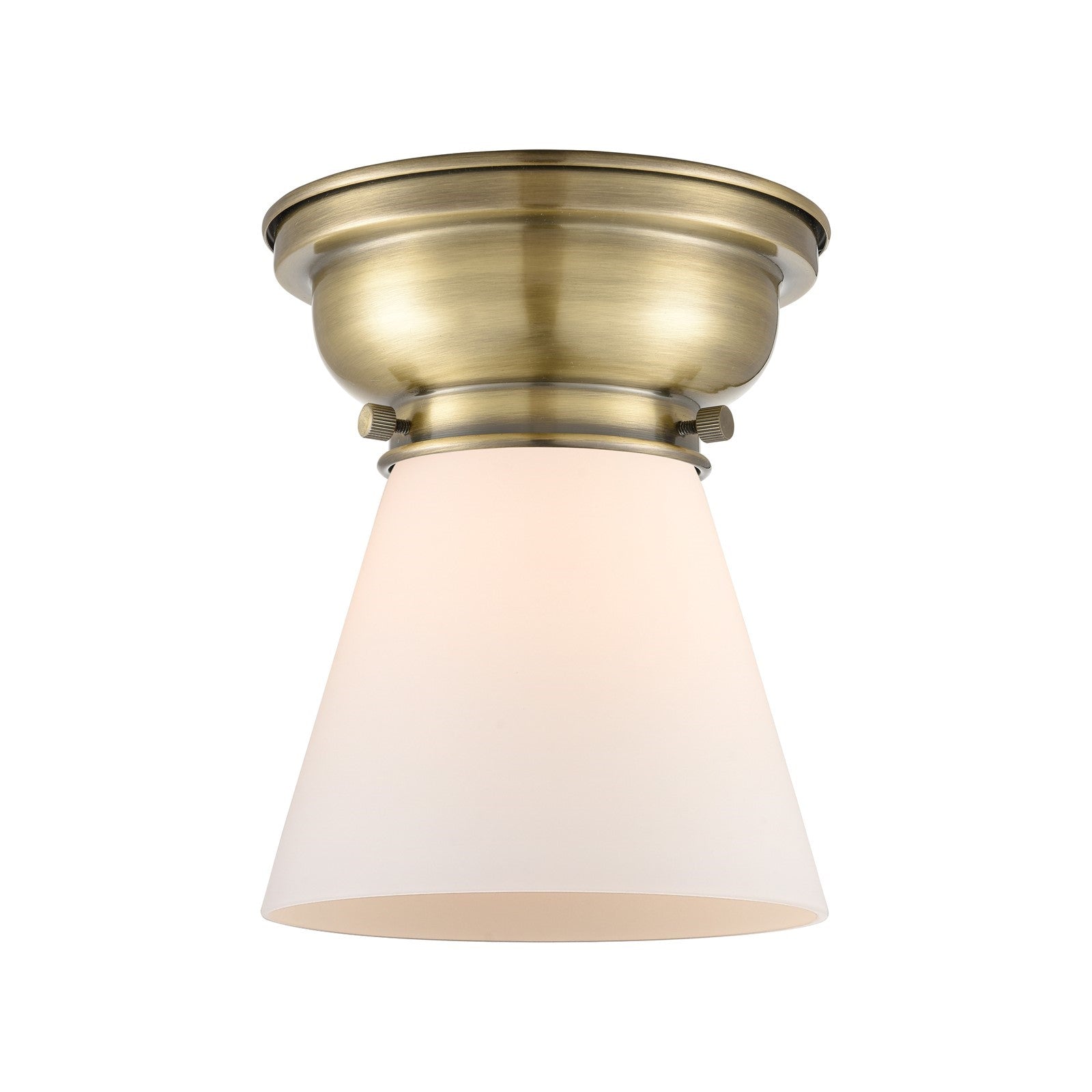 Innovations Cone 6.25in 1-Light Flush Mount | Industrial Antique Brass and Matte White Frosted Glass | Damp-Rated Hallway & Bathroom | Model 623-1F-AB-G61