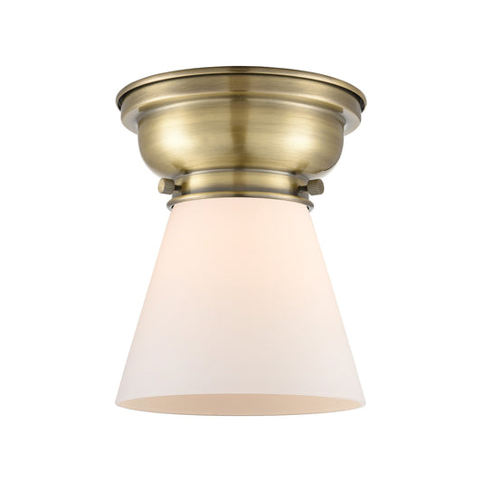 Innovations Cone 6.25in 1-Light Flush Mount | Industrial Antique Brass and Matte White Frosted Glass | Damp-Rated Hallway & Bathroom | Model 623-1F-AB-G61