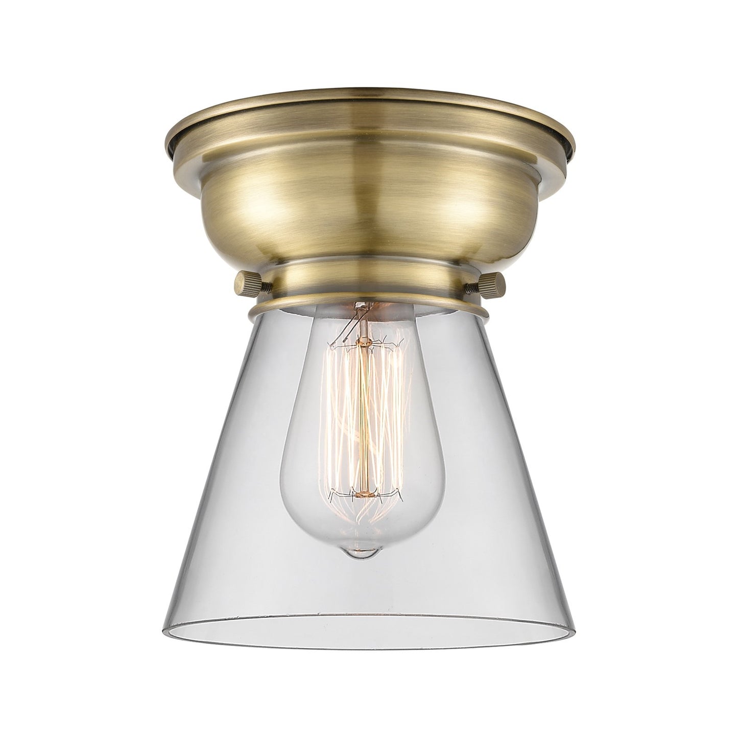 Innovations Cone 6.25in 1-Light Flush Mount | Industrial Antique Brass and Clear Glass | Entryway & Hallway | 6.25 x 6.25 x 8.25 in | Model 623-1F-AB-G62
