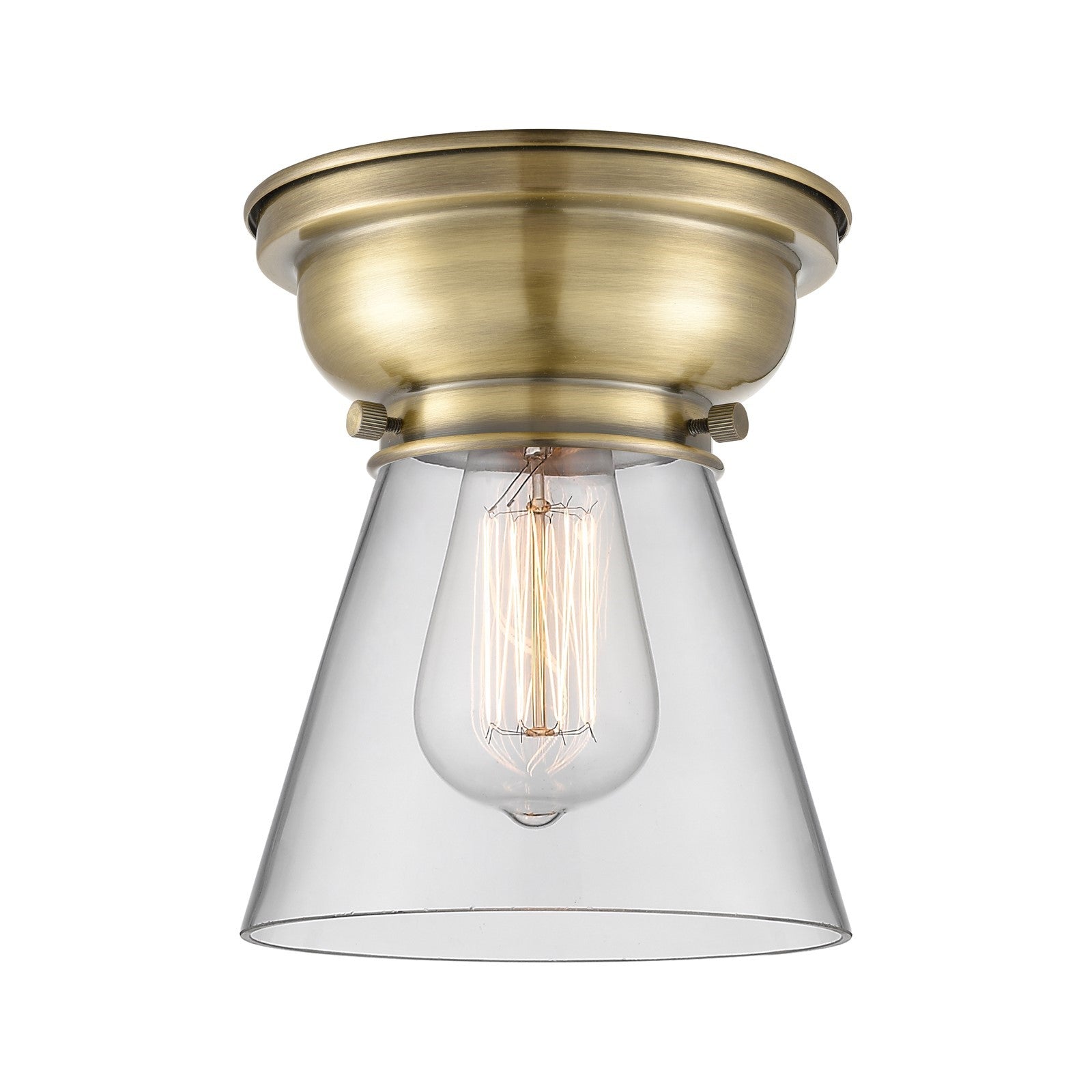 Innovations Cone 6.25in 1-Light Flush Mount | Industrial Antique Brass and Clear Glass | Entryway & Hallway | 6.25 x 6.25 x 8.25 in | Model 623-1F-AB-G62
