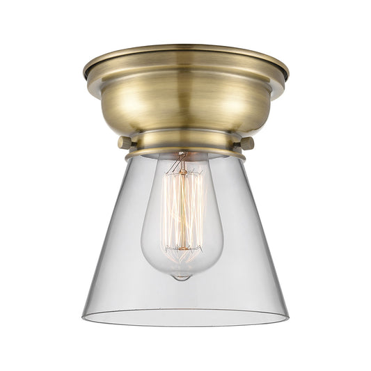 Innovations Cone 6.25in 1-Light Flush Mount | Industrial Antique Brass and Clear Glass | Entryway & Hallway | 6.25 x 6.25 x 8.25 in | Model 623-1F-AB-G62